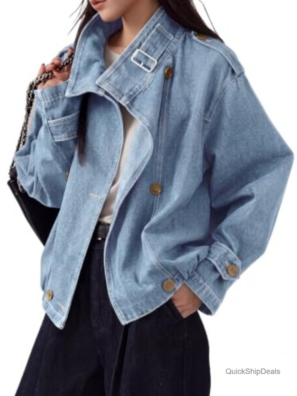 Oversized Denim Jacket Women Funnel Neck Button Up Coat